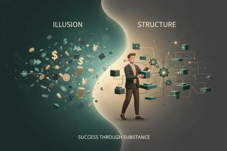 Entrepreneur building sustainable income system instead of chasing passive profit shortcuts.