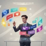 Designer analysing glowing colour palette symbolising psychology and emotion in brand marketing.