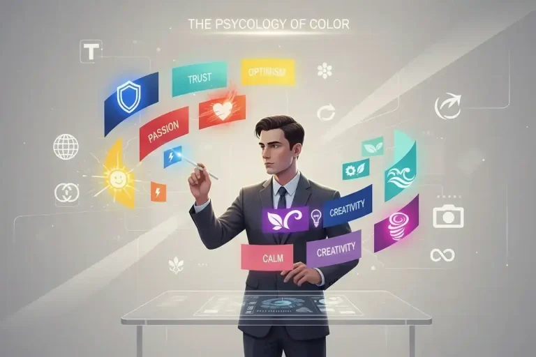 Designer analysing glowing colour palette symbolising psychology and emotion in brand marketing.