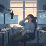 Tired creator near multiple screens representing burnout and the need for rest.