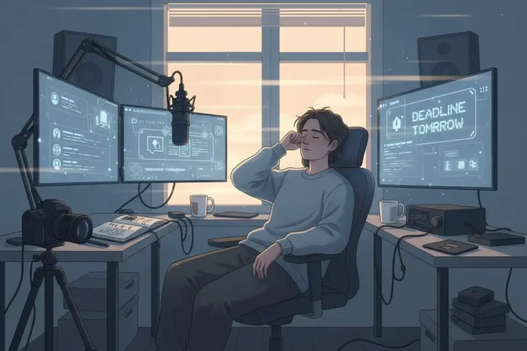 Tired creator near multiple screens representing burnout and the need for rest.