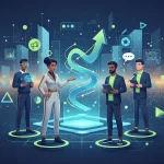 Founder hiring diverse growth team connected by glowing collaboration network.