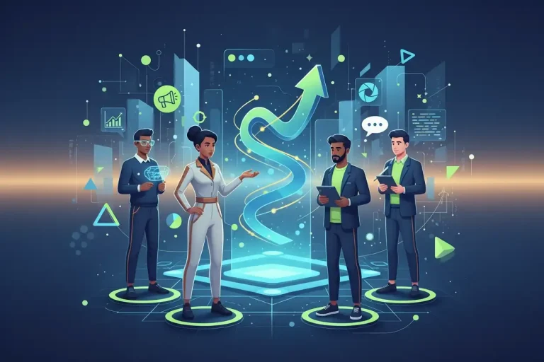 Founder hiring diverse growth team connected by glowing collaboration network.