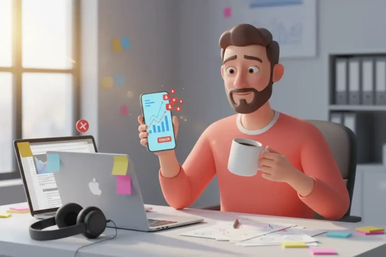 Marketer looking at phone showing campaign error representing learning from mobile marketing mistakes.