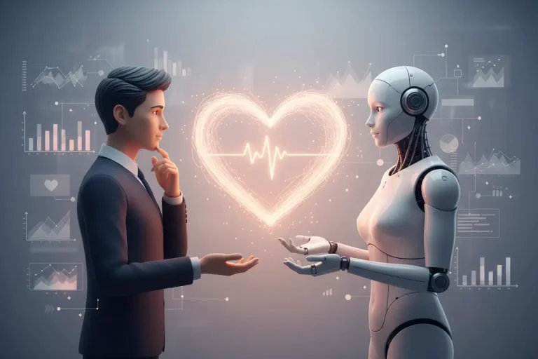 Human and AI working together representing ethics and empathy in automated business systems.