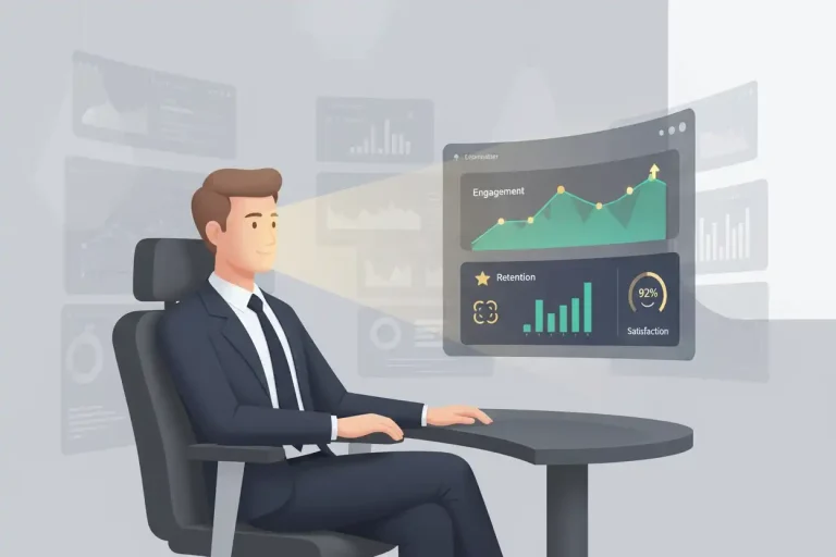 Founder reviewing focused glowing data showing meaningful metrics over vanity numbers.