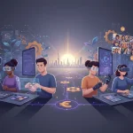 Group of creators using advanced digital tools representing the future of the creator economy.
