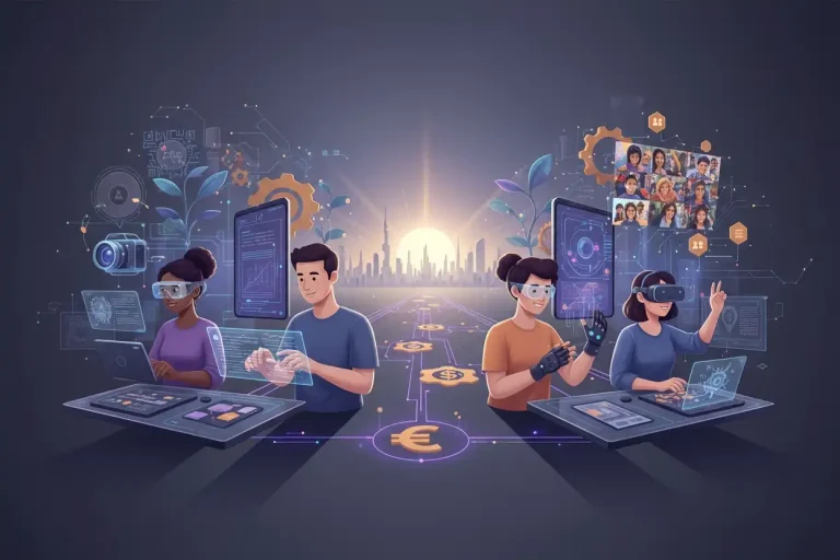 Group of creators using advanced digital tools representing the future of the creator economy.