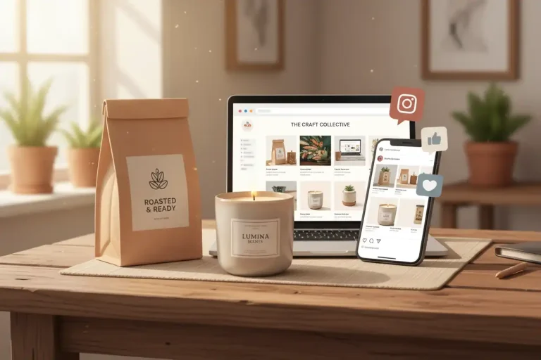 Objects from niche brands shown on desk, representing small businesses succeeding onlin