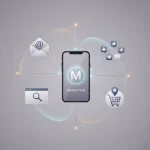 Smartphone connected to other marketing icons representing omnichannel strategy.