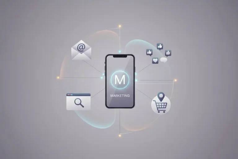 Smartphone connected to other marketing icons representing omnichannel strategy.