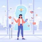 Freelancer designing personal brand through glowing digital identity symbols.