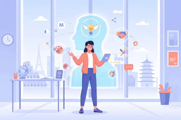 Freelancer designing personal brand through glowing digital identity symbols.