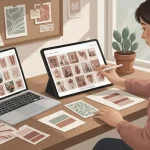 Person organising image boards representing Pinterest strategy for passive traffic.