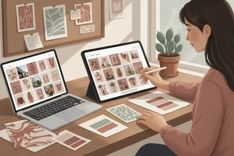 Person organising image boards representing Pinterest strategy for passive traffic.