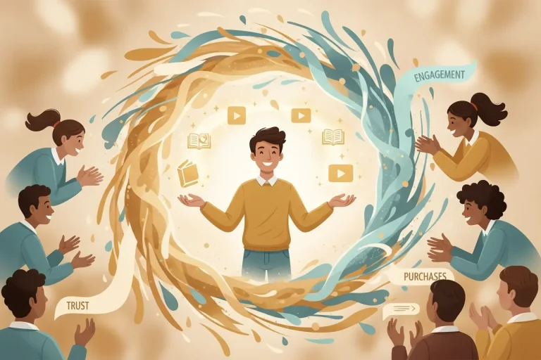 Marketer giving valuable content creating a glowing loop of giving and receiving representing reciprocity.
