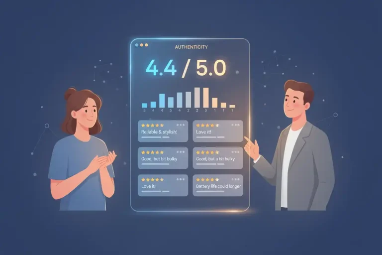 Customer reassured by balanced reviews showing honest mix of ratings that builds brand trust.