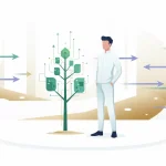 Calm founder watching steady digital plant grow representing patient sustainable progress.