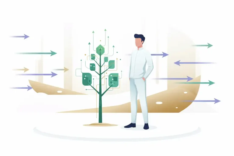 Calm founder watching steady digital plant grow representing patient sustainable progress.
