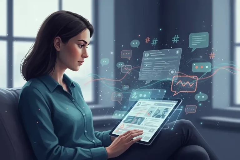 Person analysing social media conversations representing social listening strategy.