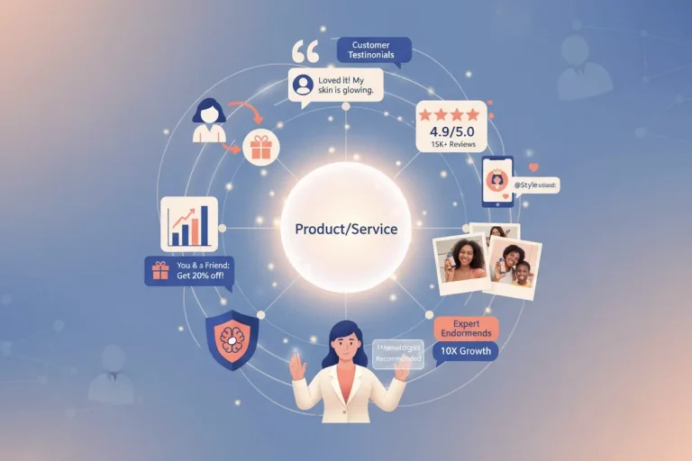 Product surrounded by social proof symbols representing reviews, endorsements, and community trust.