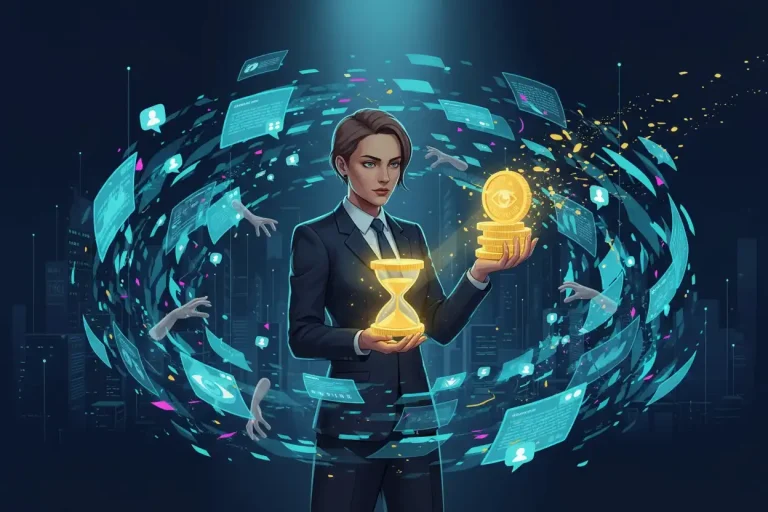 Marketer managing glowing attention coins representing attention as finite currency.