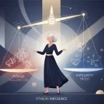Marketer balancing power and trust symbols representing ethics of influence.
