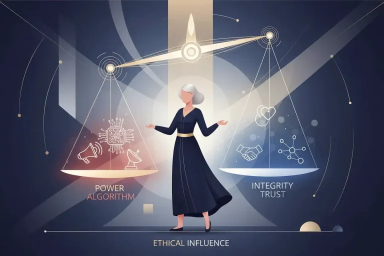 Marketer balancing power and trust symbols representing ethics of influence.