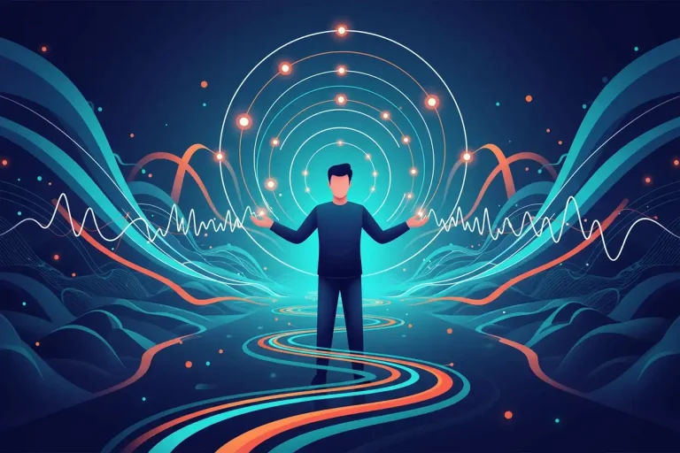Marketer aligning glowing waves representing behaviour timing and momentum.