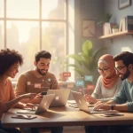 People gathered with devices representing the creation of digital communities