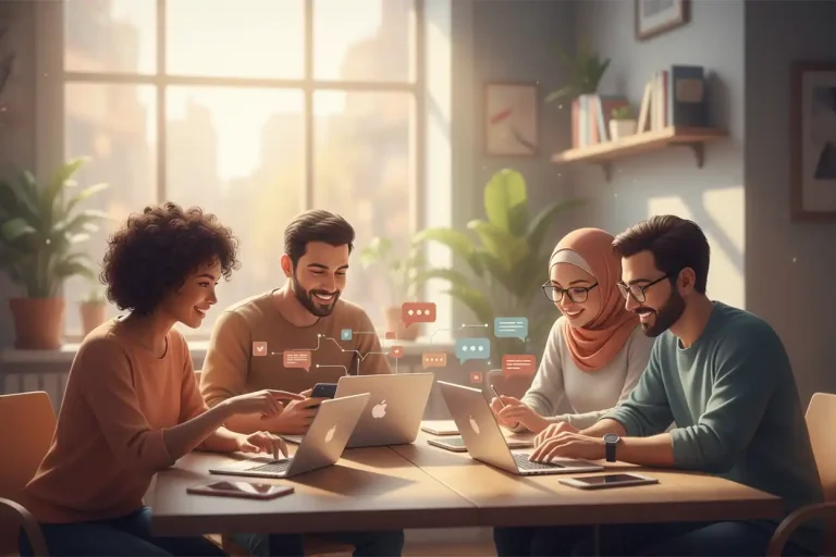 People gathered with devices representing the creation of digital communities
