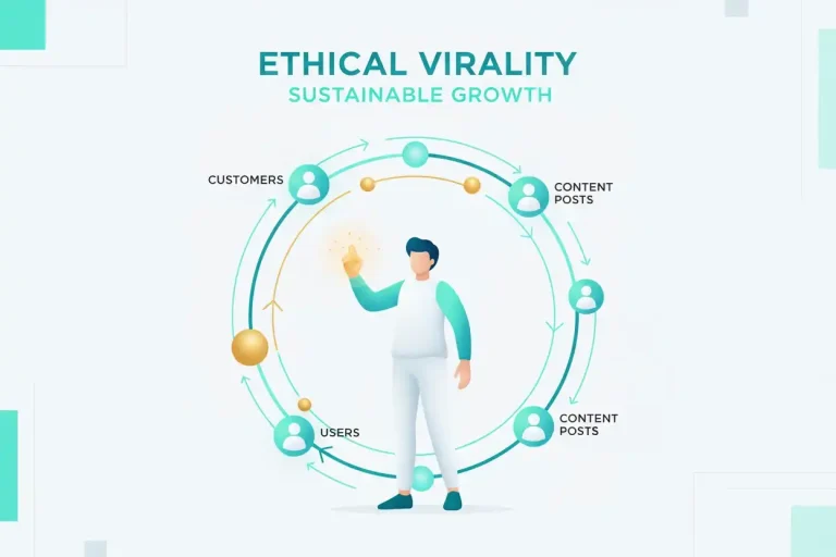 Founder managing glowing circular network representing viral loops built on authentic engagement.