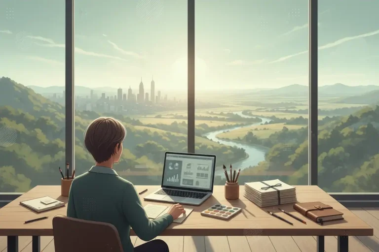 Person in workspace looking toward horizon representing growth beyond a niche.
