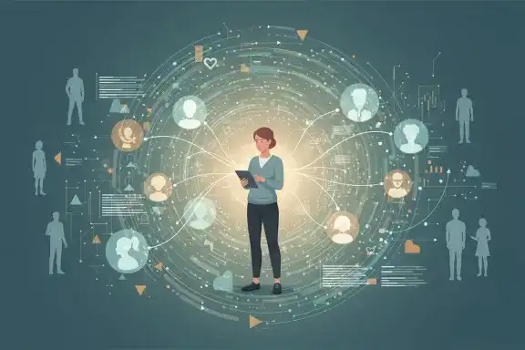 Marketer analysing data shaped like human forms representing ethical, people‑first analytics.