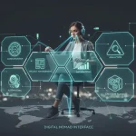 Digital marketer using connected remote tools for organised global workflow.