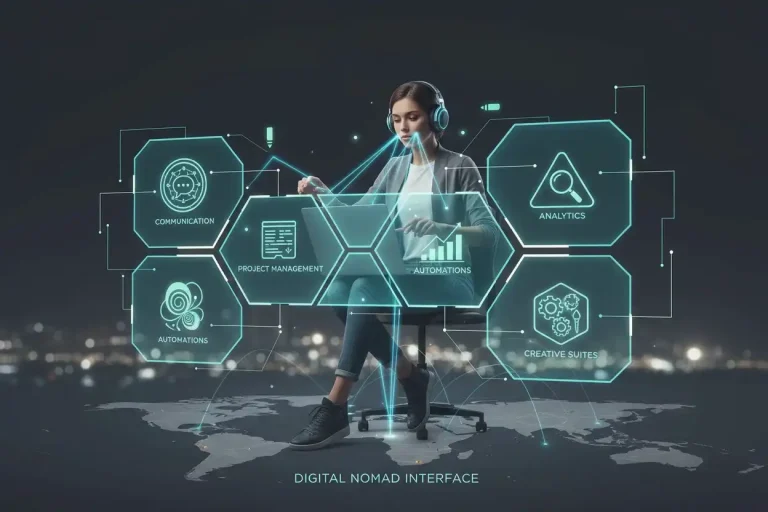 Digital marketer using connected remote tools for organised global workflow.